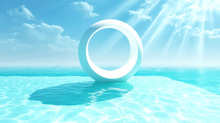 White Ring Sculpture on Turquoise Water
