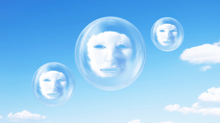 Surreal Cloud Faces Floating in Blue Sky
