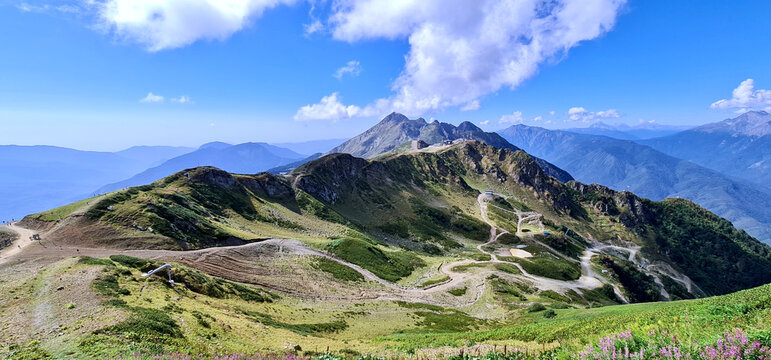 mountain landscape with blue sky and clouds, Caucasus, Russia