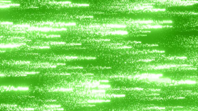 左から右に真っ直ぐ流れる緑の光の粒子の背景動画素材。スピード感のある4Kアニメーション。一面に広がって走る光線の派手な演出のエフェクト。ゲームや映像作品の演出に適した2DFX