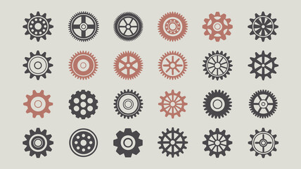 An assortment of intricately designed gears are displayed in varying sizes and colors arranged in a grid like pattern on a light background high quality professional
