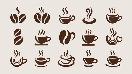Obraz premium An assortment of coffee beans steaming cups and coffee related icons are displayed in varying shades of brown on a beige background high quality professional detailed