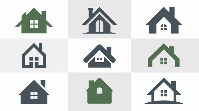 A grid displays nine distinct flat design house icons in varying shades of green gray and black representing diverse architectural styles high quality professional detailed modern
