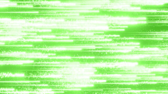 粒子を撒きながら横に真っ直ぐ流れる緑の光の線の背景動画素材。スピード感のある4Kアニメーション。一面に広がって走る光線の派手な演出のエフェクト。ゲームや映像作品の演出に適した2DFX
