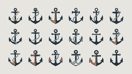 A collection of navy blue and reddish brown anchors is displayed in a grid pattern against a light gray background high quality professional detailed modern elegant