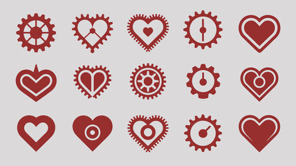 A collection of repeating red icons depicts a blend of gears hearts and clockwork symbols against a light gray background high quality professional detailed modern elegant
