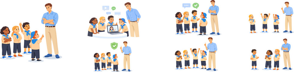 Set of flat vector illustrations showing a teacher and diverse children in different education scenarios. Concepts include active learning, teamwork, online education, safety rules, positive feedback 