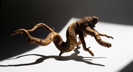 Fototapeta premium A gnarled, twisted, and textured root-like object with an organic, sculptural form casting dramatic shadows on a white surface.