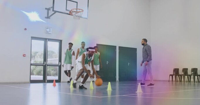 Coach signaling, team dribbling orange ball around cones for training, animated arc showing shot