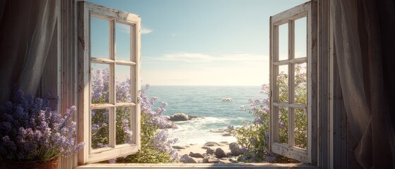 Fototapeta premium Cozy window seaside view peaceful home interior concept ocean view through window home wellness relaxation concept
