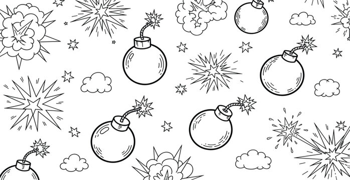 Hand Drawn Cartoon Explosion and Bomb Doodle Illustration Set with Comic Style Blasts, Clouds, and Action Effects Line Art Vector