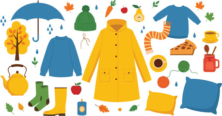 Fototapeta premium Autumn Cozy Lifestyle Illustration Set with Fall Clothing, Rain Accessories, Warm Drinks, Home Comfort Items, and Seasonal Elements in Cartoon Vector Style