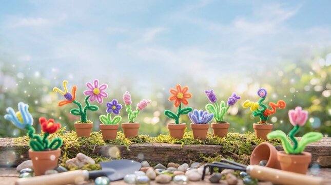 Whimsical Garden of Colorful Pipe Cleaner Flowers in Decorative Pots Surrounded by Sparkling Light and Natural Elements