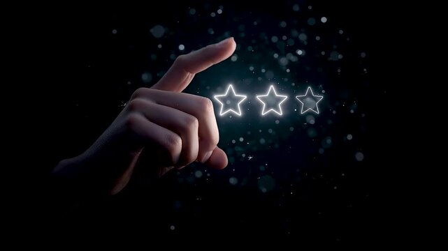 Human Hand Selecting Star Rating Interface in Dark Digital Space Showing Customer Feedback Evaluation and Online Review Interaction