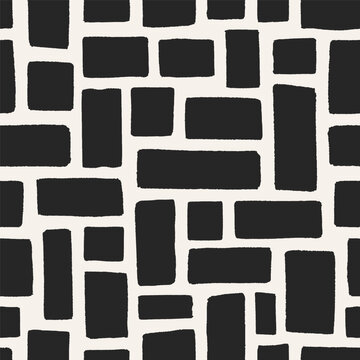Abstract geometric shapes, seamless pattern design. Black and white texture with irregular rectangle block, brick. Endless repeating print for textile, wallpaper and wrapping. Flat vector illustration