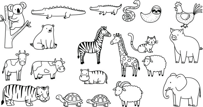 Hand Drawn Animal Doodle Illustration Set with Wild and Farm Animals Including Elephant, Giraffe, Zebra, Tiger, Crocodile, and Cow Line Art Vector