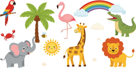 Obraz premium Cute Safari and Jungle Animals Illustration Set with Elephant, Giraffe, Lion, Crocodile, Flamingo, Parrot, and Tropical Nature Elements Vector