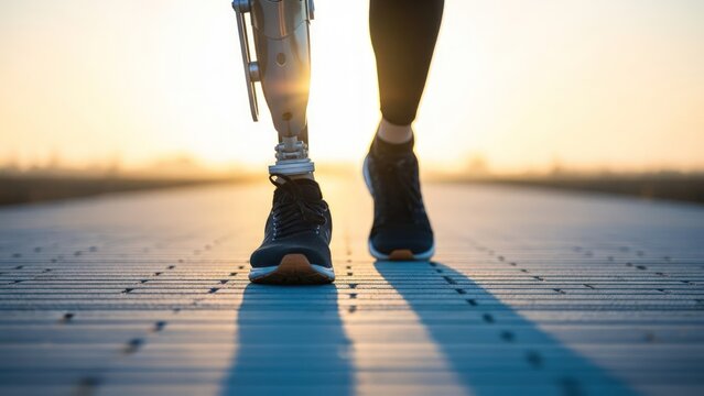 Close-up of a person walking with a prosthetic blade and a natural leg in a shoe at dawn