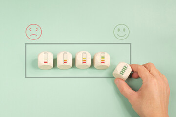 Exhausted by stress, healthy positive lifestyle, work life balance, burnout, low energy, mind recovering, mental recharge, empty to full battery