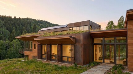 Fototapeta premium Modern Sustainable Mountain Home with Green Roof and Solar Panels at Sunset