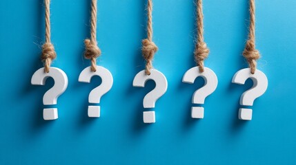 White question marks hang by ropes against a blue background, creating a simple visual concept. 