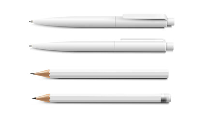 Set of white 3D realistic pen and pencil