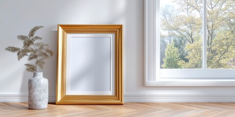 an empty gold frame on the wall of an elegant white room with parquet, sunlight coming in from window