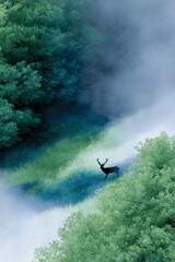 an elk running through the grassland, with foggy background