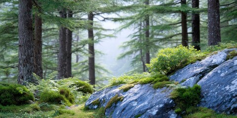 a dense pine forest with moss covered rocks and boulders cover the ground, early morning sunrays