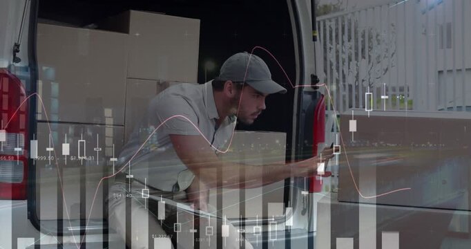 Animation of financial data over happy caucasian male courier counting packages
