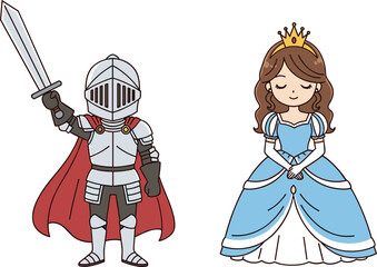 Naklejka premium Cute Knight and Princess Cartoon Character Illustration Set for Fairy Tale Stories, Medieval Fantasy Themes, Kids Education, and Storybook Design Projects
