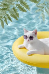 a white cat wearing sunglasses lounging on an inflatable yellow ring in the pool, summer vibes, blue water