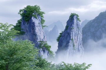 two massive rock formations with lush greenery in the middle of an ancient mountain range, clouds and mist swirling around them.