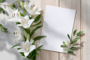 a blank white sheet of paper on a light wooden table, with shadows and a few lily flowers.