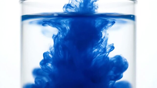 Mesmerizing blue ink diffusing into clear water inside a transparent glass container, creating captivating patterns