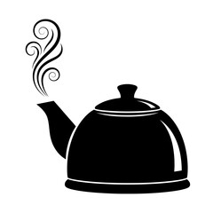 A black silhouette of a steaming kettle on a white background