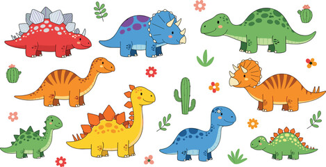 Cute Cartoon Dinosaur Illustration Set with Colorful Prehistoric Characters for Kids Education, Nursery Decor, Learning Materials, and Playful Jurassic Designs © Sanjida