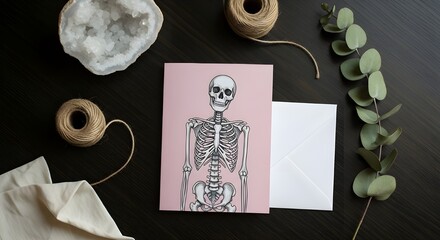 Minimalist flat lay of a skeleton anatomy greeting card on a dark wooden desk with quartz geode and twine