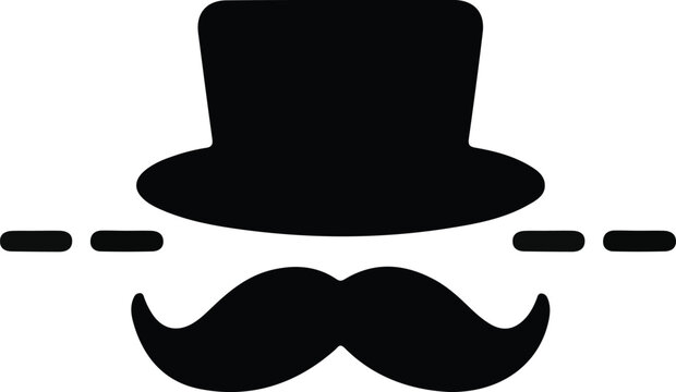 Gentleman disguise icon with hat and mustache, Black silhouette icon of a top hat and mustache disguise, representing gentleman style, anonymity, classic identity, humor, or vintage character concept
