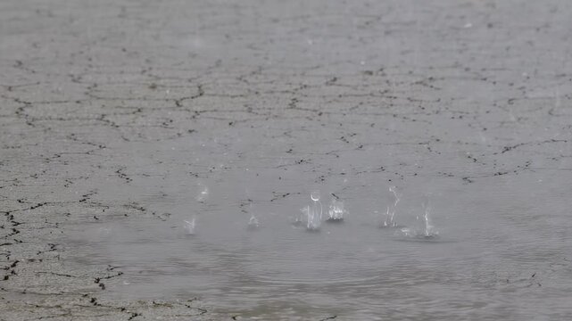 Rain falls on cracked earth, creating small splashes and ripples