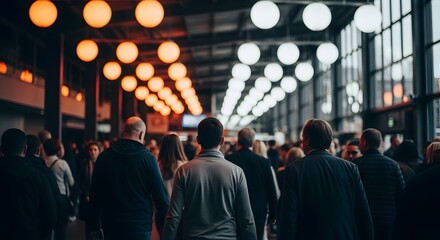 Crowd of people walking through a brightly lit indoor space with spherical lights