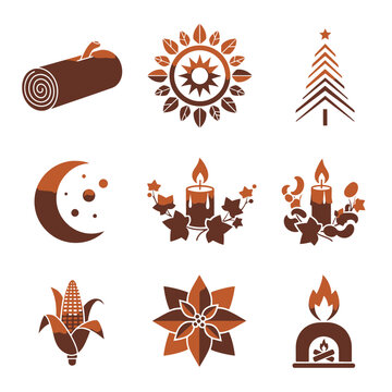 Minimalist duotone graphic set illustrating eight geometric symbols of midwinter and ancient solstice traditions, including the Yule log and poinsettia, using dark mocha brown and bronze orange