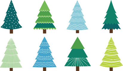 Obraz premium Modern Christmas Tree Vector Set with Flat and Textured Styles for Holiday Decorations, Winter Illustrations, Greeting Cards, and Festive Design Projects