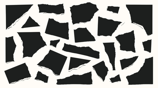 Ripped Paper Sheet Vector Set with Black Torn Paper Pieces, Collage Blank Elements, Sharp Torn Notebook Effect, Strip Texture Edges and Rough Jagged Rips Tape for Text and Design