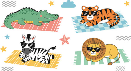 Fototapeta premium Cute Cartoon Wild Animals Relaxing on Mats Illustration Set for Kids Nursery Decor, Baby Products, Educational Games, and Playful Designs