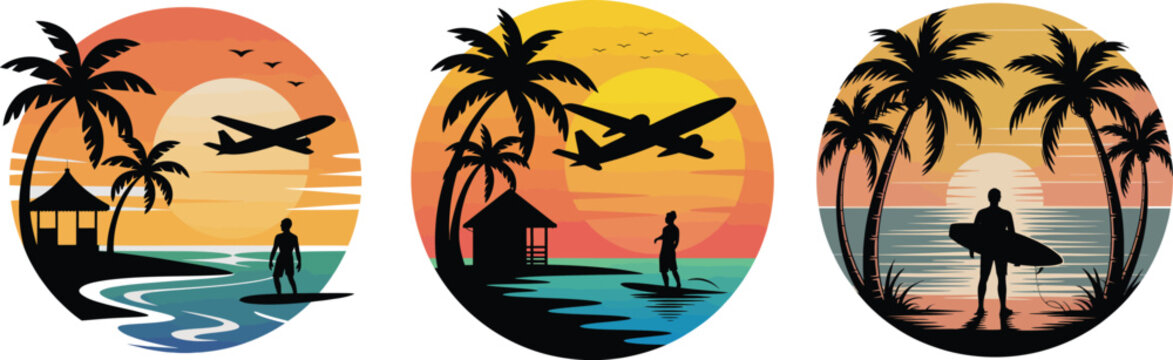 Set of tropical beach scenes with surfers and palm trees at sunset