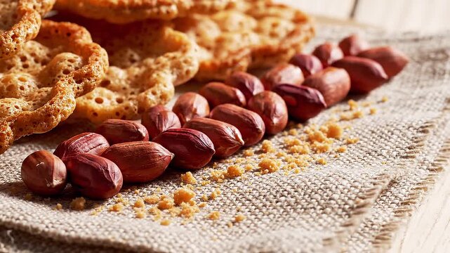 Arrangement of hazelnuts and biscuits on burlap background a delightful snack still life