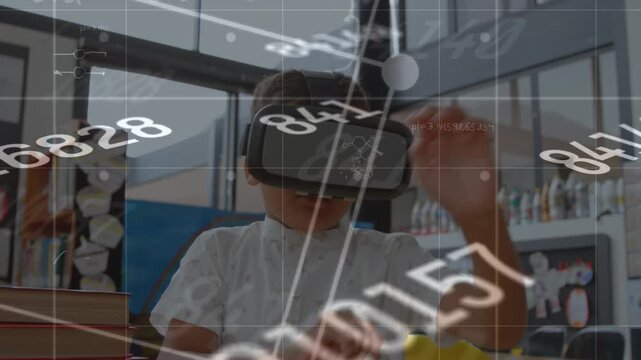 Animation of social media icons and data processing over scope up over schoolboy using vr headset