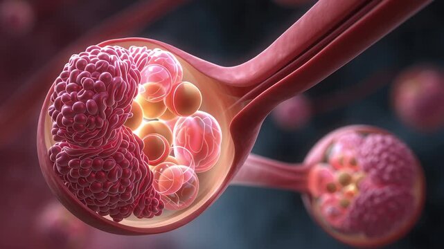Alveoli sacs in human lung with capillaries for oxygen and carbon dioxide exchange, illustrating respiratory system microscopic anatomy and gas diffusion process