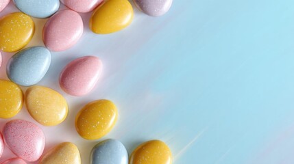 Obraz premium Flat lay of colorful easter eggs on a light blue background. the eggs are arranged in a scattered manner, with some overlapping each other.